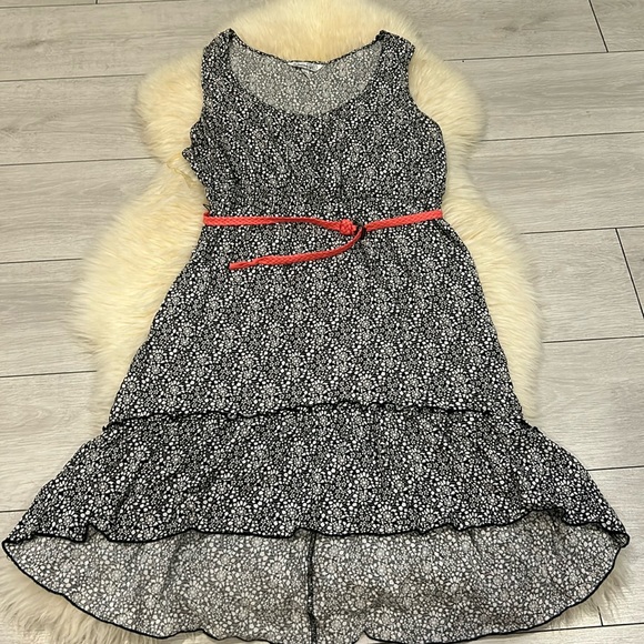 Girls High-Low Ruffle Black & White Flower Dress with Coral Skinny Belt Size XL - Picture 1 of 7